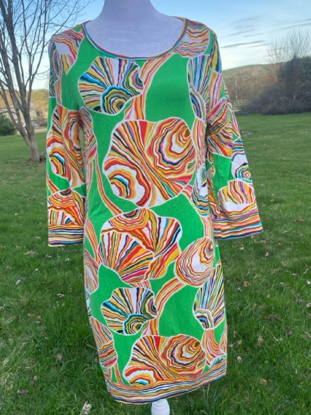 Trina Turk Green Multicolor Swirl Print Long Sleeve Shift Dress